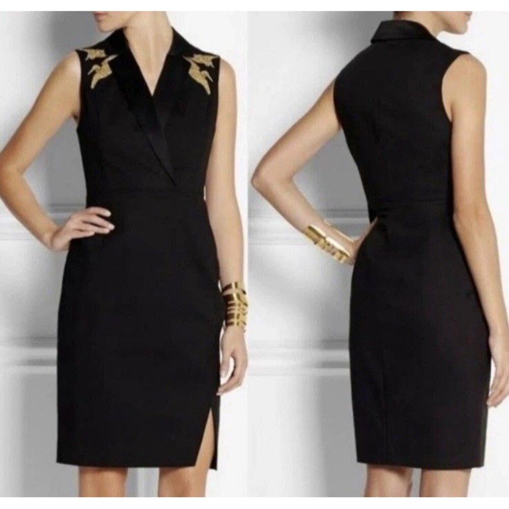 Altuzzara Black Pencil Dress Gold Crane Embroidered Birds Size 12 Slit 2014